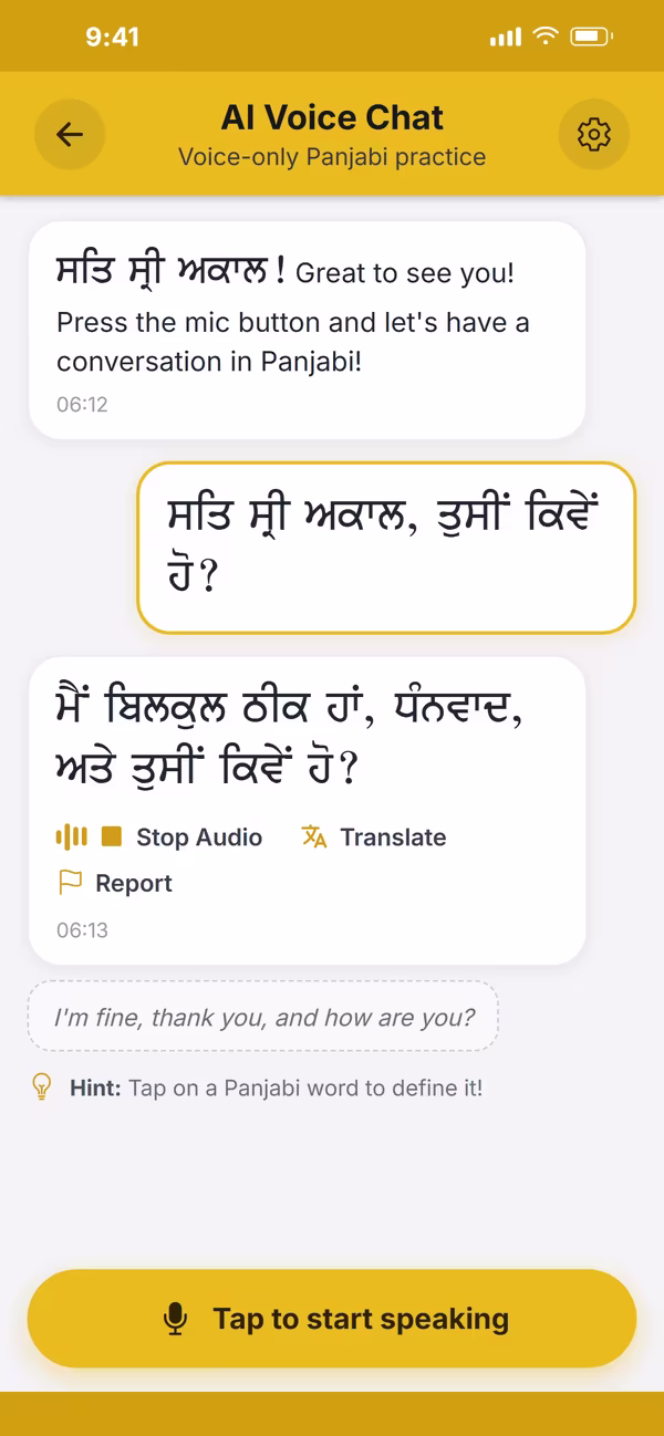 Panjabi Go app: AI Voice Chat screen