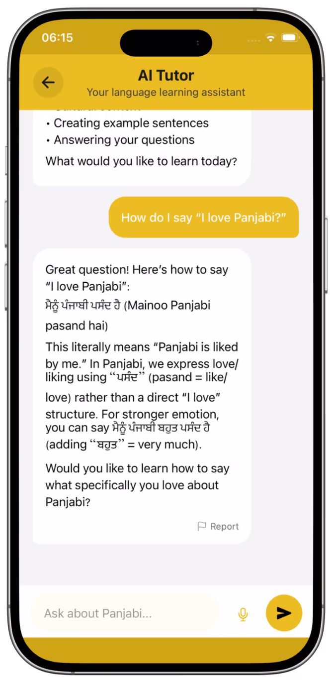 AI Tutor screen answering how to say 'I love Panjabi', with a natural-language explanation and example sentences.