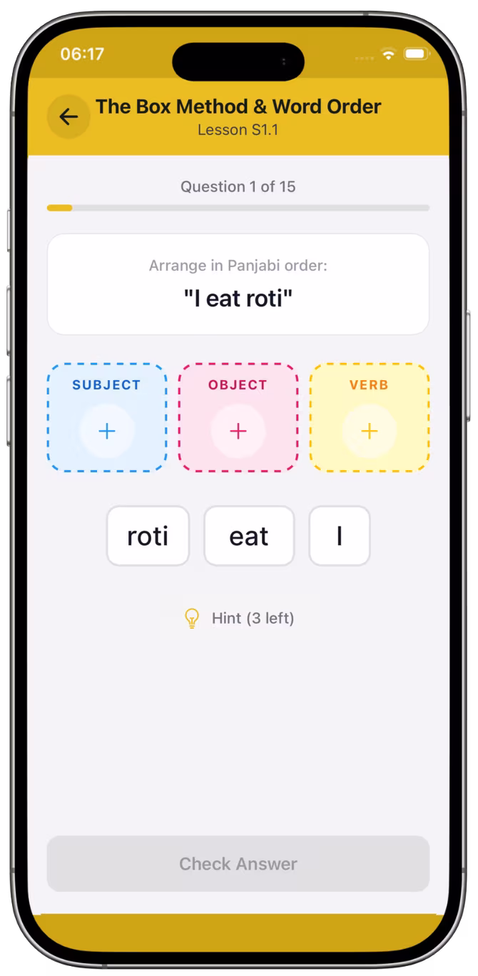Sentence Lessons screen: arrange "I eat roti" into Panjabi order using subject, object, and verb boxes.
