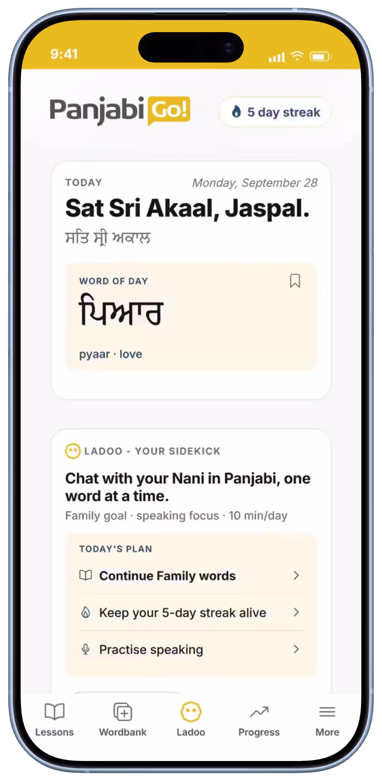 The Panjabi Go home screen: a Sat Sri Akaal greeting, the word of the day, and today's plan with Ladoo, your sidekick.